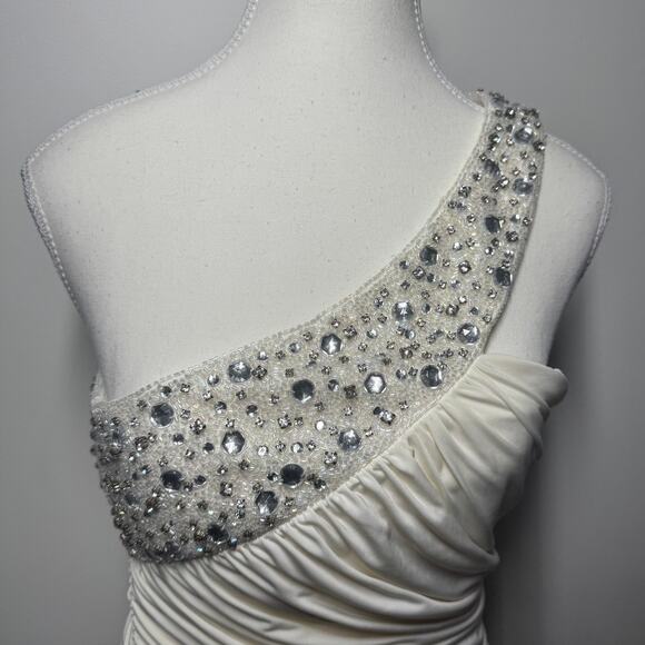 ABS by Allen Schwartz Dress Women M Ivory Beaded One Shoulder Ruched Y2K Formal - Picture 4 of 7
